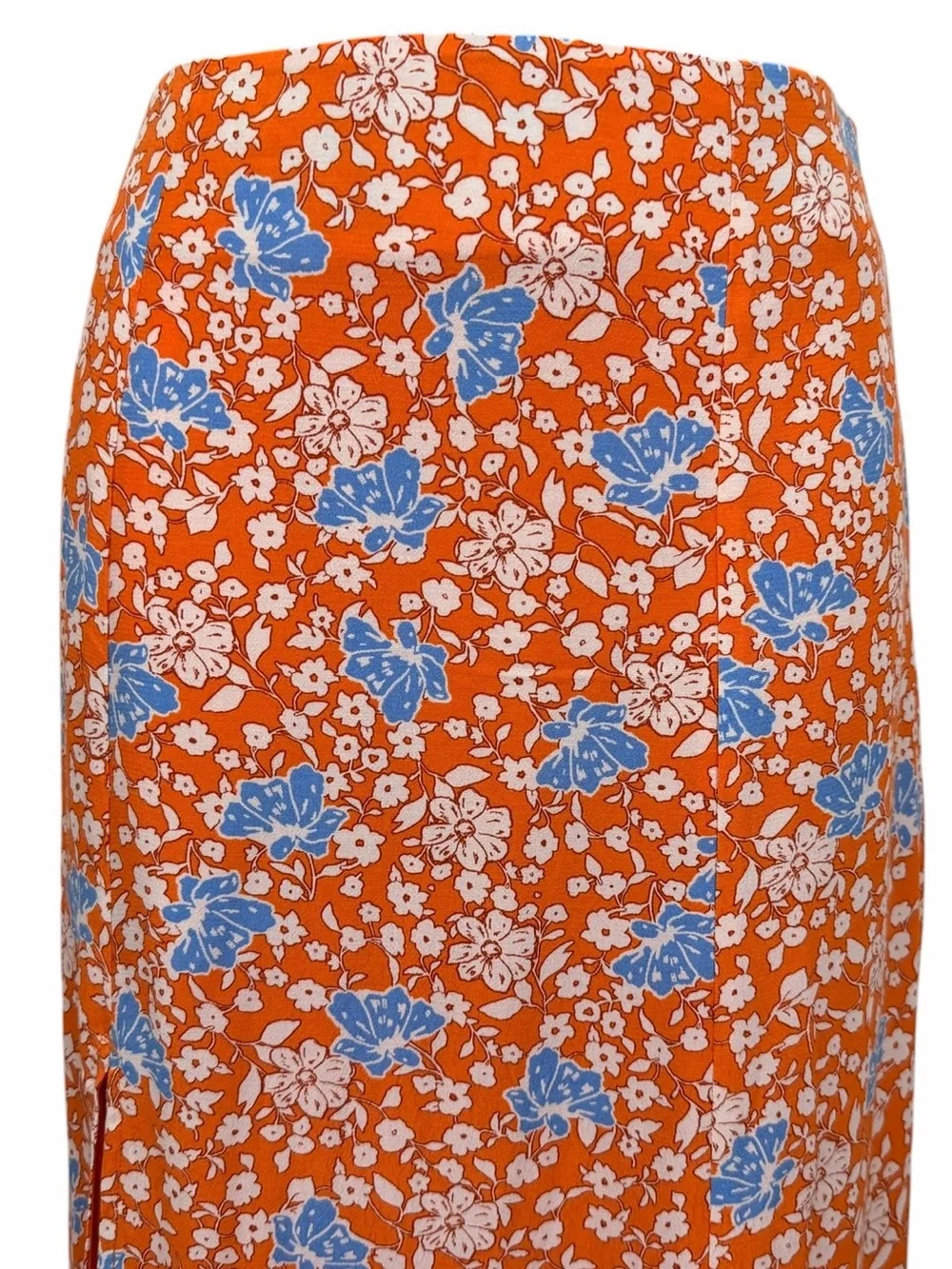 Maeve Anthropologie Lille Orange Blue Floral Side Slit Midi Skirt Size 4
